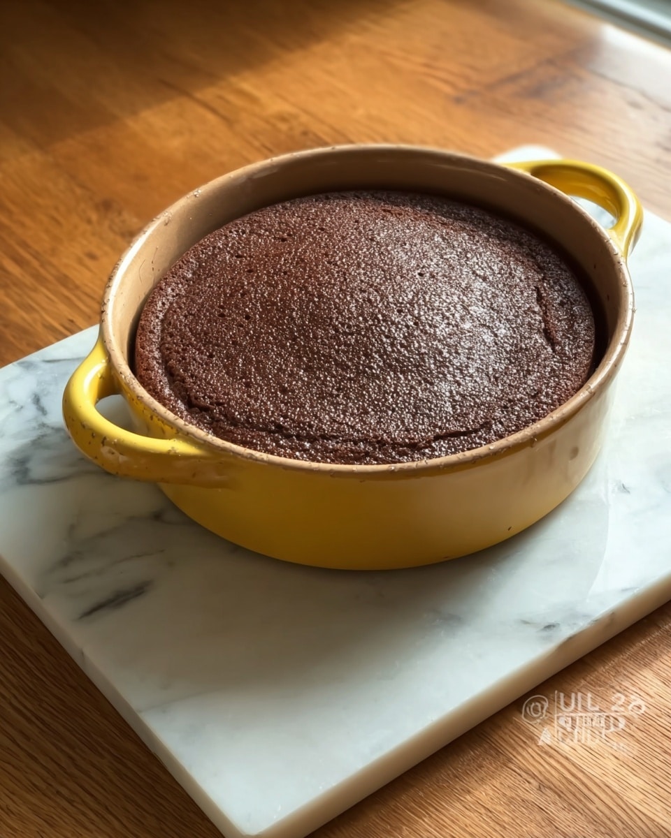 A single-layer round chocolate cake with a slightly cracked and textured dark brown surface sits in a yellow ceramic baking dish with two handles. The dish rests on a white marbled square board placed over a wooden table. The lighting shows soft shadows and reflections on the board, highlighting the cake's rich color and the smooth finish of the dish. Photo taken with an iphone --ar 4:5 --v 7