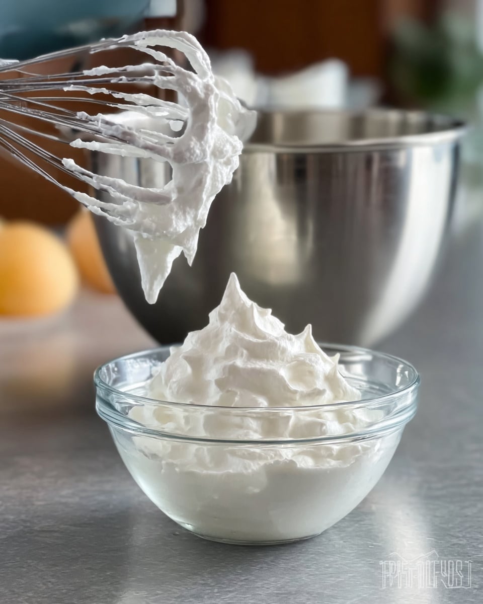 A clear glass bowl filled with fluffy, white whipped cream sits on a shiny metal surface; behind it, a silver metal mixing bowl is visible with a metal whisk attachment covered in the same whipped cream, held upright and dripping slightly. The whipped cream in the bowl has soft peaks, showing smooth, light texture and a bright white color. The background is softly blurred, highlighting the creamy mixture and shiny kitchen tools in the foreground. photo taken with an iphone --ar 4:5 --v 7
