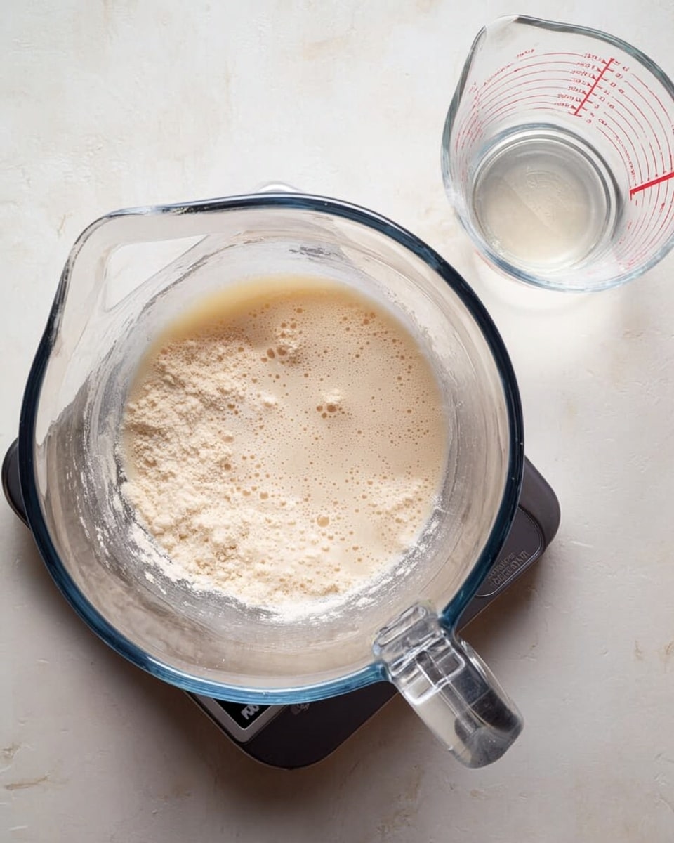 A clear glass mixing bowl sits on a digital scale over a white marbled surface. Inside the bowl, a beige, frothy mixture with some bubbles forms the only layer, showing light beige powder partially mixed with liquid. To the right of the bowl, a clear white measuring cup with red marking lines contains a small amount of liquid. The scene is lit with soft natural light, highlighting the smooth, round edges of the glass bowl and the texture of the mixture. Photo taken with an iphone --ar 4:5 --v 7