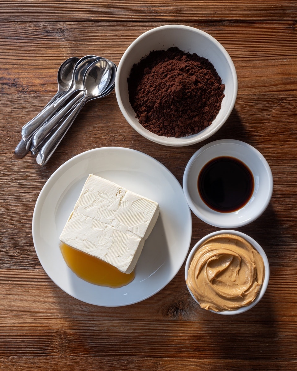 A white plate with a block of firm tofu placed in the center sits on a wooden surface. Above it, a white bowl holds dark brown cocoa powder with a textured surface. To the right of the cocoa, a small white round dish contains dark brown vanilla extract with a shiny, smooth look. Below the vanilla are two silver measuring spoons, stacked neatly. Below the tofu and cocoa, a small white bowl is filled with golden amber agave nectar or maple syrup that looks glossy and fluid. To the right of that, a smaller bowl holds creamy, light brown peanut butter with a smooth and thick texture. The overall setup is arranged on a wooden table with natural grain in view. photo taken with an iphone --ar 4:5 --v 7