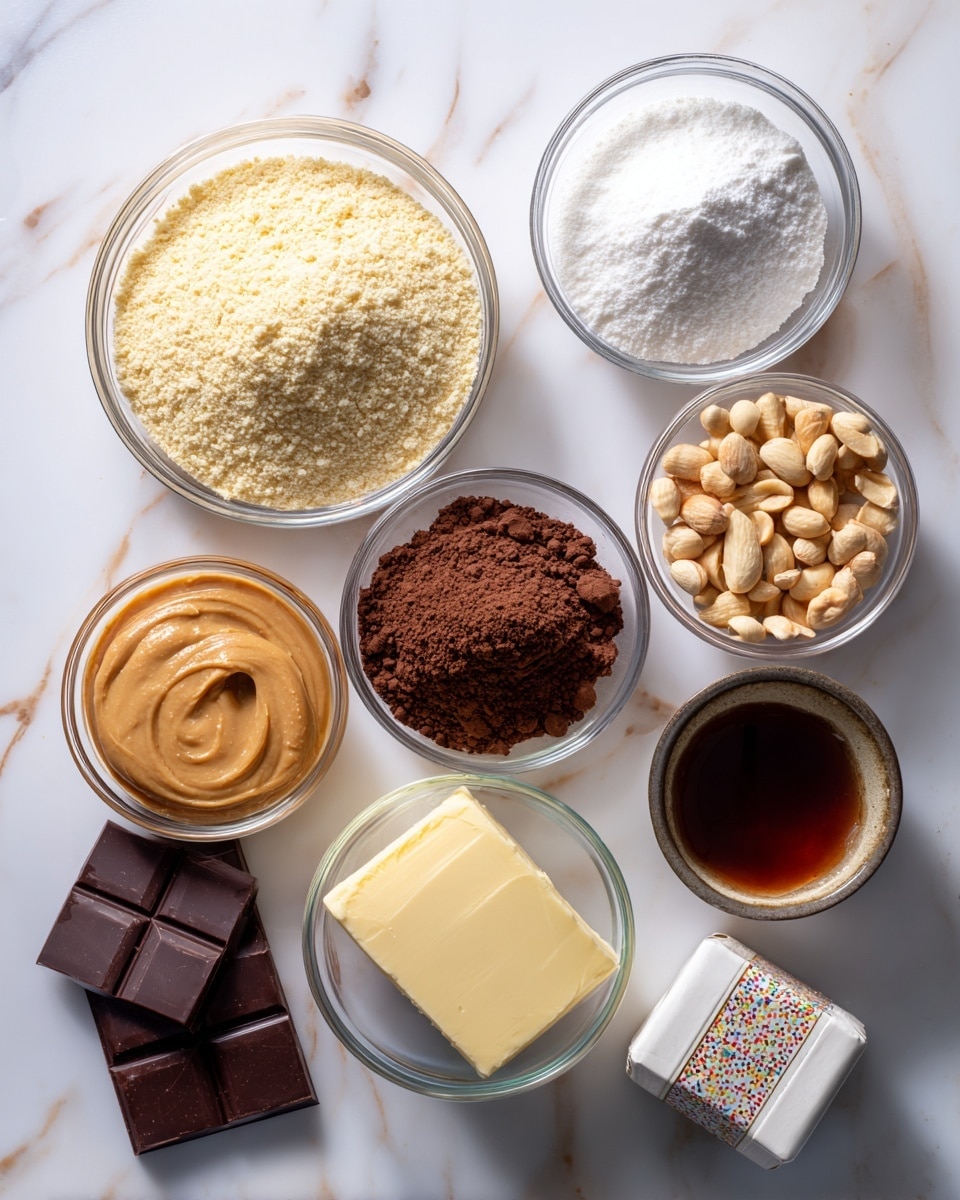 The image shows a top view of several small clear glass bowls and one small white bowl arranged neatly on a white marbled surface. Each bowl contains different ingredients: one has light beige almond flour with a soft powdery texture, another is filled with fine white sweetener powder, and a third holds a pale yellow slab of butter. A separate bowl contains dark brown cocoa powder with a smooth surface, while next to it is a bowl of rough brown sweetener clustered loosely. There is a clear glass bowl of creamy light brown peanut butter next to a small bowl of whole light brown peanuts with some speckles. A very small glass bowl contains dark amber vanilla liquid, and near it are two pieces of smooth, dark chocolate squares placed on the marbled surface. To the side, there is a white carton of cream cheese with colorful patterns. The photo taken with an iphone --ar 4:5 --v 7