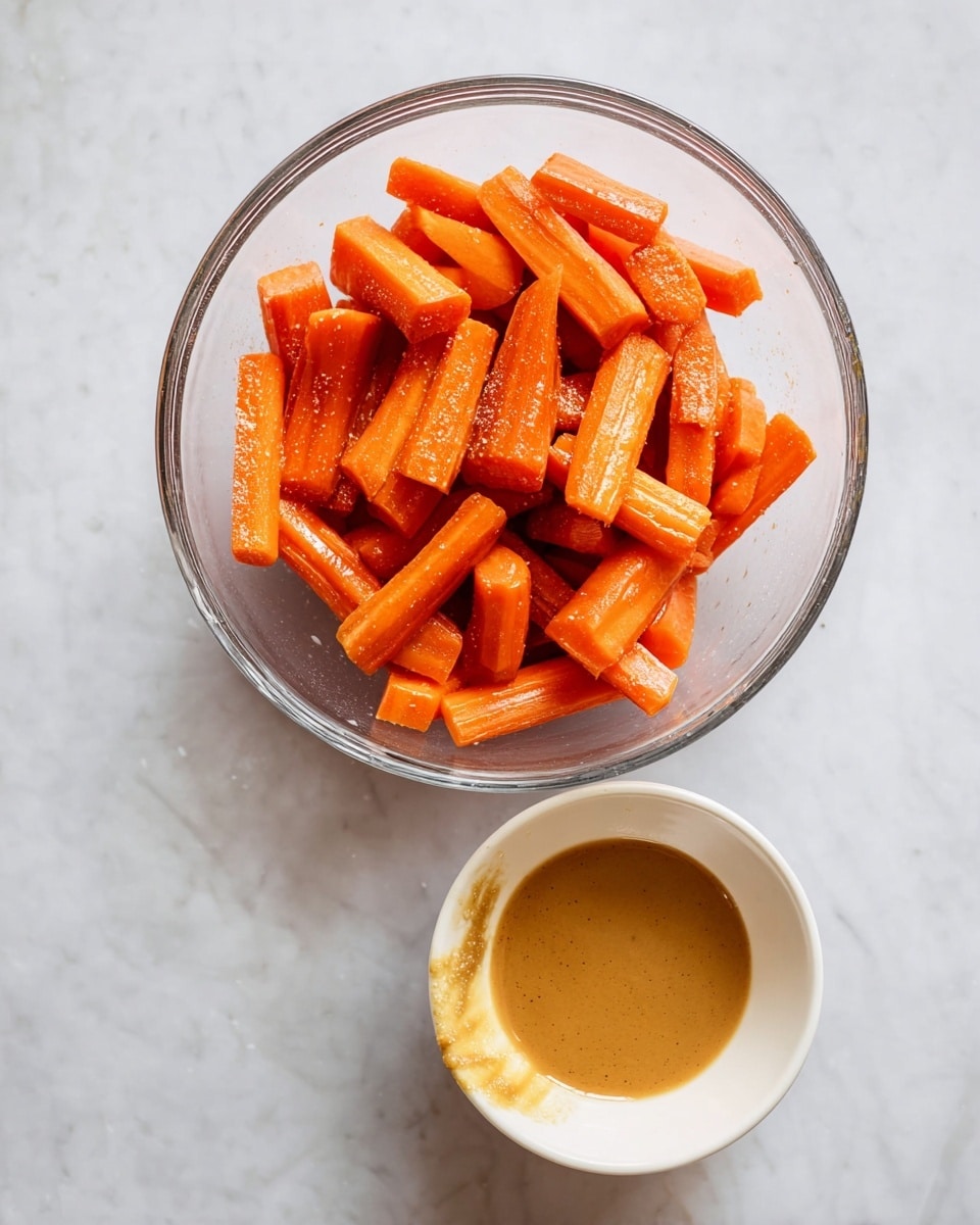 A clear glass bowl filled with bright orange roasted carrot sticks, cut into heavy, chunky pieces with a slightly shiny texture showing light seasoning. Next to the bowl is a small white bowl holding a light brown sauce with a smooth, slightly thick texture, some sauce smeared on the side of the bowl. The scene is set on a white marbled surface with soft natural light, highlighting the vibrant colors and fresh look of the carrots and sauce photo taken with an iphone --ar 4:5 --v 7