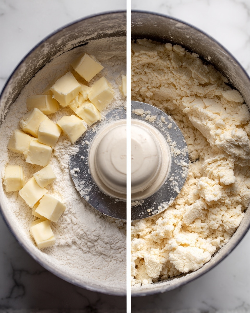 Two close-up images show the steps of mixing dough ingredients inside a metal food processor bowl. The first image has a layer of white flour spread evenly at the bottom, with small cubes of pale yellow butter scattered all over the flour. The metal blade of the processor is partly covered with some flour. The second image shows the mixture after being processed; the flour and butter are now blended into a crumbly texture with small clumps, light cream colored, and the food processor’s plastic center piece stands in the middle covered lightly with powder. The background surface beneath the bowl is a white marbled texture. Photo taken with an iphone --ar 4:5 --v 7