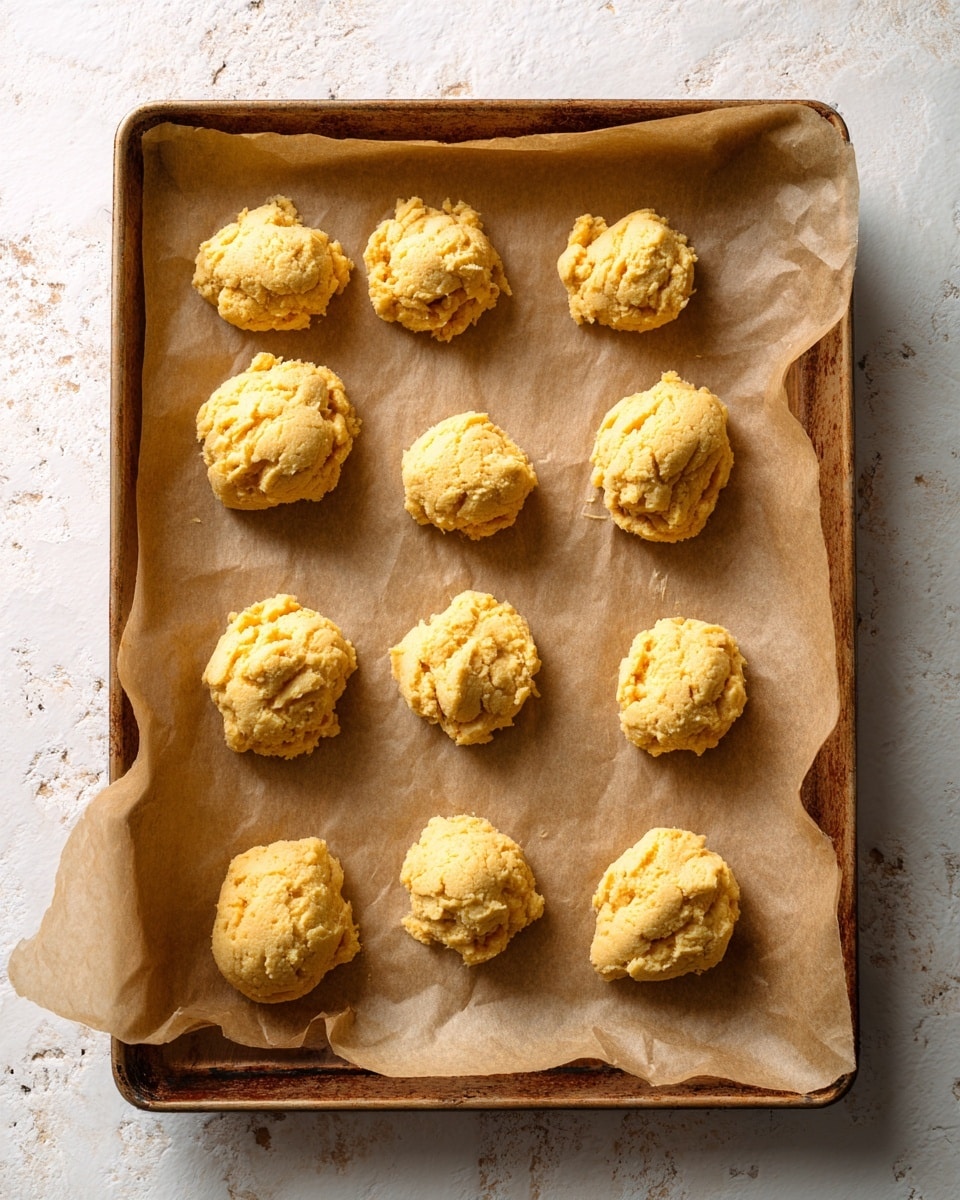 A baking tray lined with brown parchment paper holds eleven uneven dollops of pale yellow cookie dough spaced out across the tray. Each dough scoop has a rough texture and soft, slightly lumpy appearance. The background beneath the tray is a white marbled surface. The scene is simple with a top-down view. photo taken with an iphone --ar 4:5 --v 7