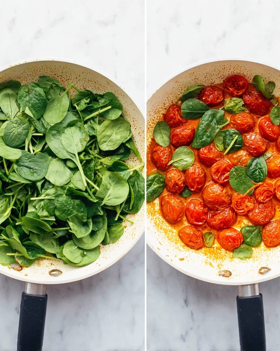 The image shows two white pans on a white marbled surface. The first pan contains cooked, halved cherry tomatoes with a reddish-orange oily sauce spread around them. The tomatoes look soft and shiny, filling mostly the bottom of the pan. The second pan is similar but has a layer of fresh, bright green spinach leaves spread evenly on top of the cooked tomatoes, partially covering the red layer beneath. The spinach leaves appear fresh and crisp with various sizes layered in a loose pile. The black pan handles extend toward the bottom of each image, and the lighting is bright and natural. photo taken with an iphone --ar 4:5 --v 7