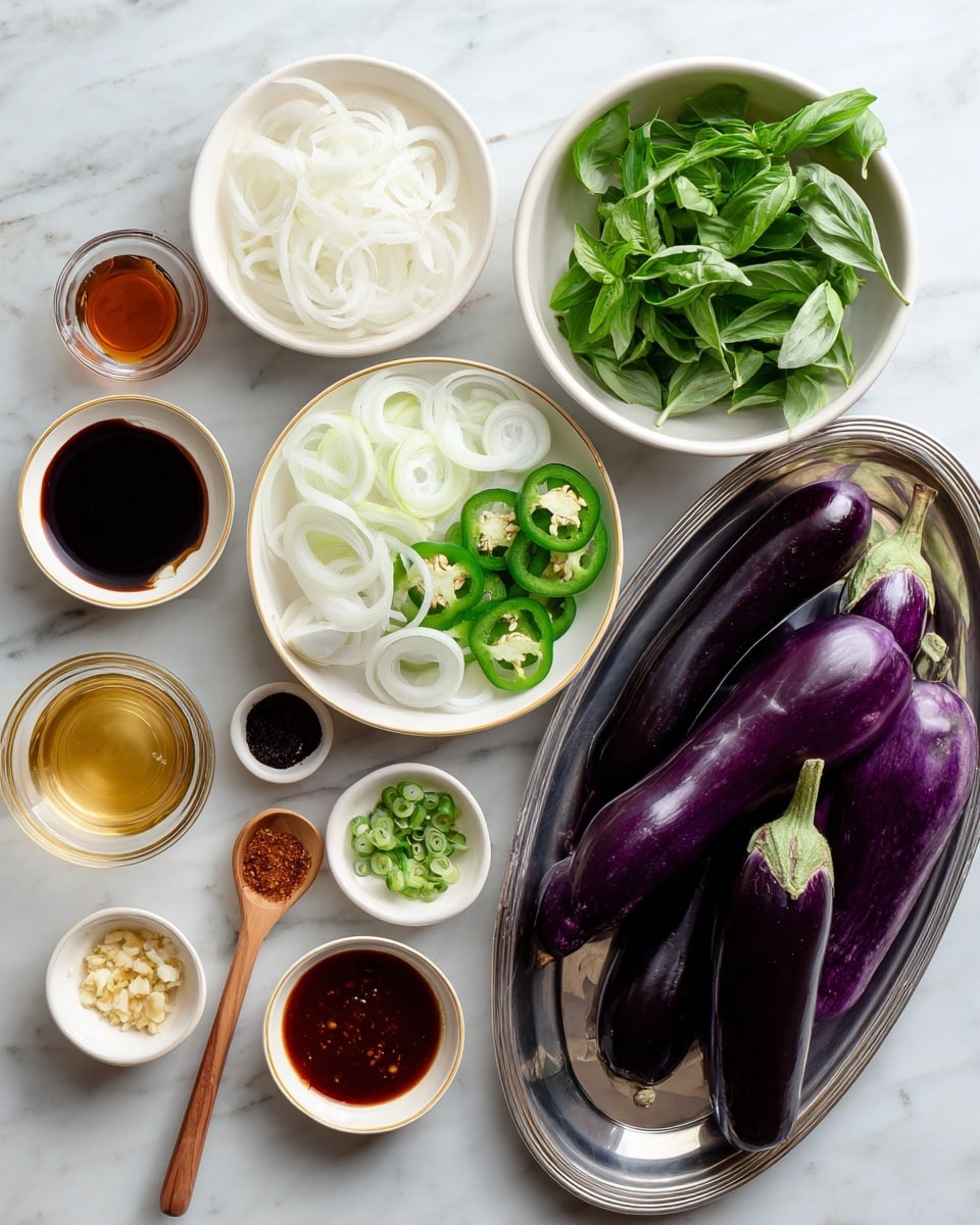 The image shows several white bowls filled with fresh ingredients arranged on a white marbled surface. On the right, there are three long, glossy purple eggplants resting on a silver oval tray. A white bowl in the top center holds bright green basil leaves. To the left, a white bowl is filled with thinly sliced white onions, and next to it, another white plate has thinly sliced green jalapeño peppers. Two small white plates with gold rims hold minced garlic and minced ginger, placed near the center. In the lower left area, there are small glass containers filled with light-colored oil, dark soy sauce, and a deep reddish-brown sauce in a small white bowl with a wooden spoon. The colors and textures contrast nicely, with fresh green, white, purple, and dark sauces creating a balanced display. photo taken with an iphone --ar 4:5 --v 7