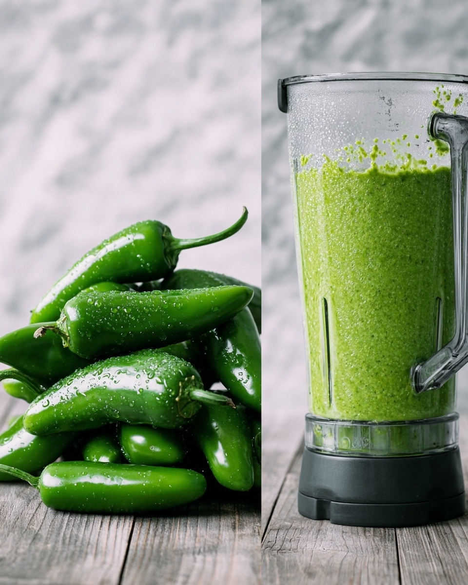 The image shows a close-up view of a bunch of fresh, shiny green jalapeño peppers stacked on a grey wooden surface on the left side. The jalapeños are smooth with a slightly curved shape and visible water droplets on their skin. On the right side, there is a tall clear blender jar with a black handle, filled halfway with a bright green sauce that has a textured, slightly thick consistency. Some green sauce splashes are clinging to the inner sides of the blender jar, showing the mixing process. The background has a soft white marbled texture. photo taken with an iphone --ar 4:5 --v 7