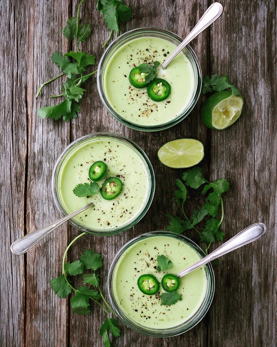 Three clear glass bowls are filled with a smooth light green soup, each topped with two slices of green chili, a small sprig of fresh cilantro, and a sprinkle of black pepper. Each bowl has a silver spoon placed inside it, positioned diagonally. The bowls are arranged vertically on a rustic wooden surface. Fresh cilantro sprigs and a halved lime with one whole lime are placed around the bowls, adding green accents. The photo taken with an iphone --ar 4:5 --v 7