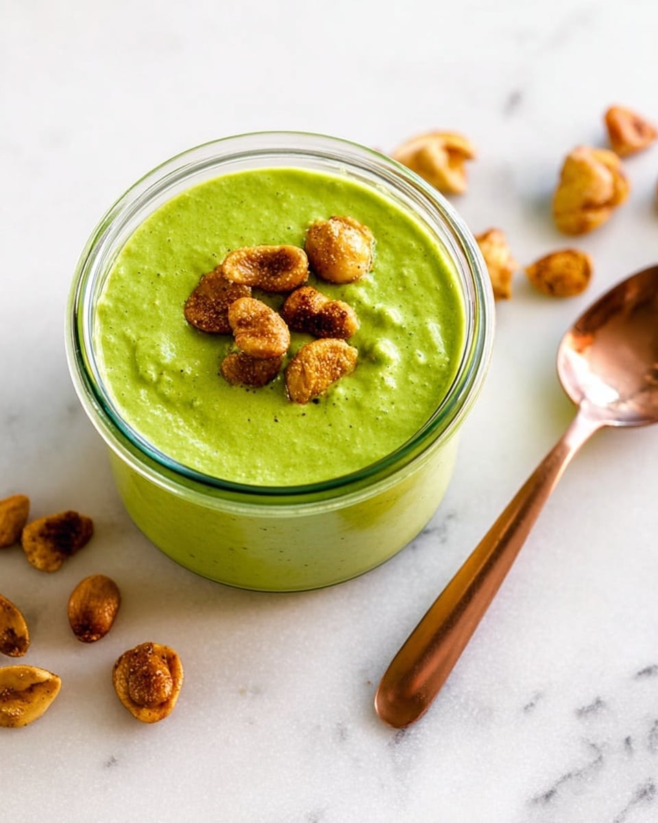 A small, clear glass jar filled with a smooth, bright green sauce or dip, topped with a few golden-brown roasted nuts in the middle, placed on a white marbled surface. Around the jar, more roasted nuts are scattered casually. To the right side of the jar, there is a shiny copper spoon resting on the white marbled surface. The texture of the green sauce looks creamy and thick, and the nuts add a crunchy contrast to the smooth dip. photo taken with an iphone --ar 4:5 --v 7
