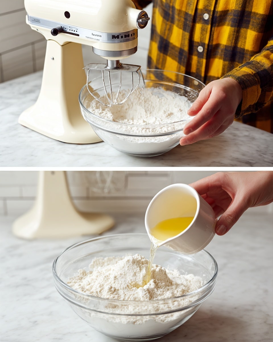 The image is split into two parts side by side, each showing a clear glass mixing bowl placed on a white marbled surface. In both parts, the bowl holds a mix of white flour and a liquid ingredient. On the left, an off-white stand mixer is positioned above the bowl, with the mixer’s paddle just above the flour mix. A woman's hand is holding or adjusting the mixer. On the right, a woman's hand pours a small white cup of a light yellow liquid into the bowl, the liquid falling onto the flour mixture. The background is a white tiled wall, and the person wears a yellow and black checkered shirt. photo taken with an iphone --ar 4:5 --v 7