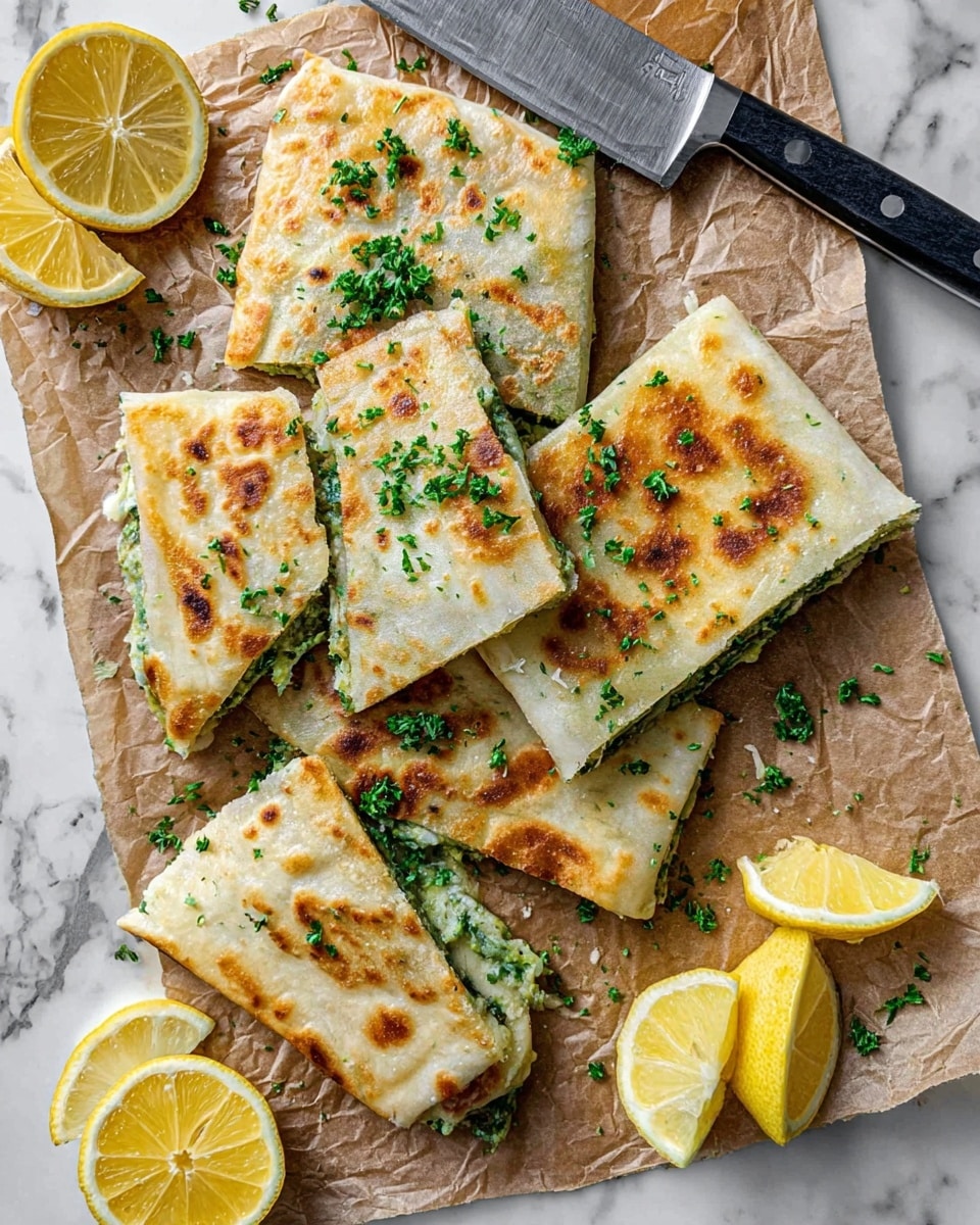 The image shows several pieces of flatbread stuffed with a green filling, folded into squares and cut into triangles. The flatbread is lightly browned with some golden spots and sprinkled with chopped green herbs. Around the flatbread pieces are lemon wedges and halves with bright yellow skin and a juicy texture. A knife with a black handle rests at the top of the image. Everything is placed on brown parchment paper that is on a white marbled surface. The presentation looks fresh and vibrant with a mix of soft and crisp textures. photo taken with an iphone --ar 4:5 --v 7