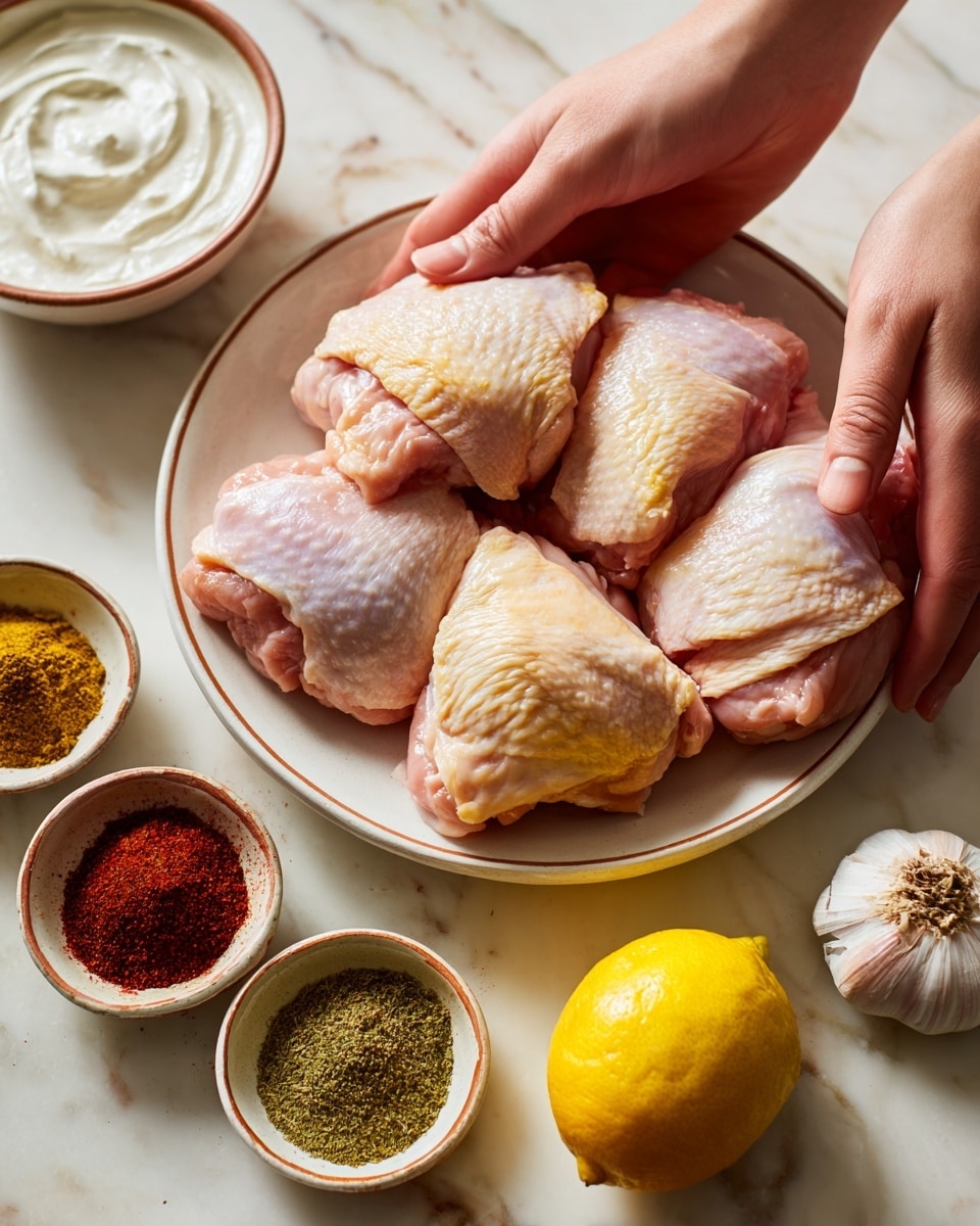 A white round plate holds eight raw chicken thighs arranged overlapping in two layers, with a soft pink and pale yellow color and smooth texture. To the right of the plate, a bright yellow lemon with a slightly bumpy surface sits on a white marbled background. Below the lemon, four small white bowls with thin brown rims contain spices and oil: a greenish-brown powder of cumin, a golden yellow powdered turmeric, a dark red-brown paste of harissa, and light green olive oil with a smooth, shiny texture. Below the chicken plate and spices, a whole garlic bulb with a rough, papery skin is placed beside a small white bowl with a deep red smoked paprika powder. In the bottom left corner, a larger white bowl is filled with a thick white yogurt with soft swirling peaks. The entire scene is set on a white marbled surface. photo taken with an iphone --ar 4:5 --v 7