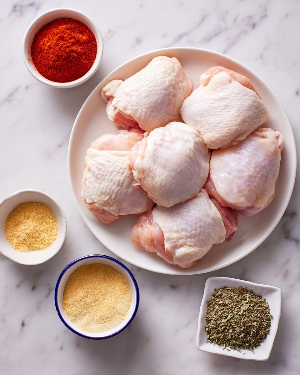 The image shows a white round plate in the center with six raw chicken thighs arranged close to each other, their pale pink skin and light fat visible. To the top left of the plate is a small white bowl filled with bright red smoked paprika powder. Below that, to the bottom left, is another small white bowl containing light yellow garlic powder. To the bottom right, a small white square dish with a blue rim holds dry oregano with green and brown tones. The background is a white marbled surface. Photo taken with an iphone --ar 4:5 --v 7