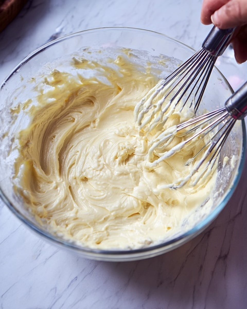 A clear glass bowl filled with a creamy, pale yellow mixture that has a smooth and thick texture. Two metal beaters, part of a mixer, are partially immersed in the mixture, showing some soft swirls and peaks. A woman's hand rests near the top edge of the bowl, touching the rim lightly. The bowl is placed on a white marbled surface, and the mixture looks freshly whipped or mixed. photo taken with an iphone --ar 4:5 --v 7