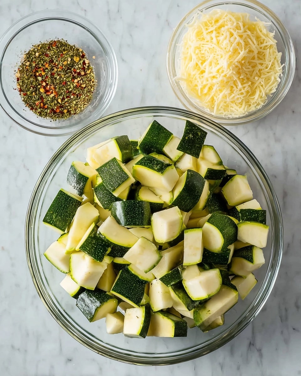 A large clear glass bowl filled with two layers of chopped zucchini cubes, showing dark green skin and pale green inside, placed in the center on a white marbled surface. On the top left, there is a small clear glass bowl with a multicolored mix of dry herbs and spices, mainly green with yellow and red bits. On the top right, there is another small clear glass bowl filled with finely grated pale yellow cheese. The background is clean and simple with a white marbled texture. Photo taken with an iphone --ar 4:5 --v 7
