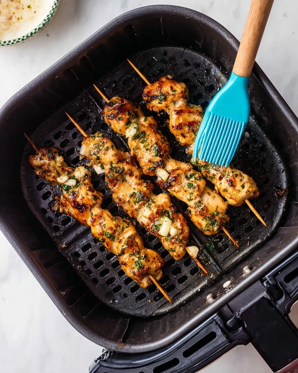 Four grilled skewers of golden-brown chicken with bits of green herbs and small white garlic pieces are placed inside a black air fryer basket with holes at the bottom. A blue silicone brush with a wooden handle is positioned on the right side, touching the chicken and appearing to apply a sauce. The air fryer basket sits on a white marbled surface. photo taken with an iphone --ar 4:5 --v 7