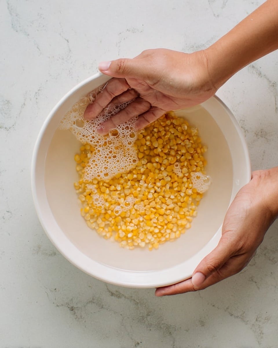 A white bowl filled with water and small yellow split lentils is shown from above. Two woman's hands are inside the bowl, gently stirring and soaking the lentils. The water is clear with some bubbles floating on the surface around the edges of the bowl. The bowl is placed on a white marbled textured surface. photo taken with an iphone --ar 4:5 --v 7