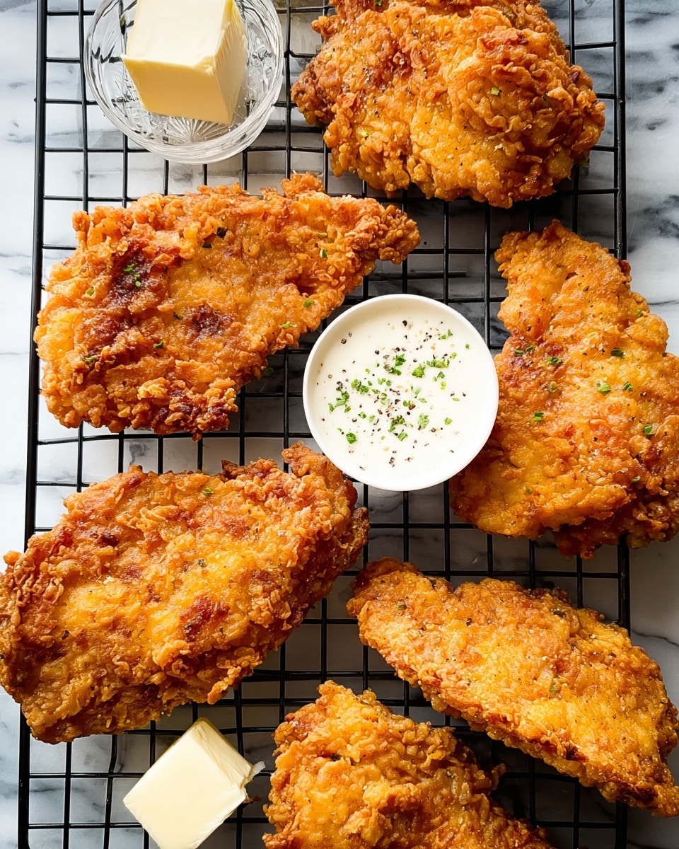 The image shows six pieces of golden brown fried chicken with a bumpy, crispy crust arranged on a black cooling rack over a white marbled surface. In the middle of the chicken pieces, there is a small white bowl filled with a smooth white dipping sauce sprinkled with finely chopped green herbs and black pepper. At the bottom left corner of the rack, there is a piece of white solid block, possibly butter. The fried chicken pieces vary in size and shape, all with a crunchy texture and some darker, crispier spots. photo taken with an iphone --ar 4:5 --v 7