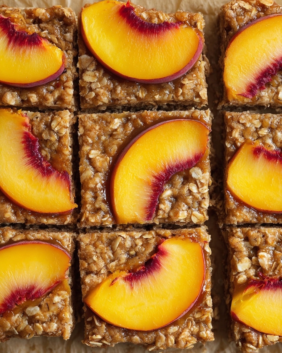 The image shows a top view of a baked oat bar dessert cut into square pieces, each piece topped with a thick slice of peach with bright yellow flesh and reddish skin. The oat bar layer is brown with visible oats and small chunks embedded throughout, giving it a textured and slightly rough surface. The bars are arranged close together on a parchment paper background. The peach slices create a colorful contrast on top of the warm-toned oat base, and the overall look is rustic and wholesome. photo taken with an iphone --ar 4:5 --v 7