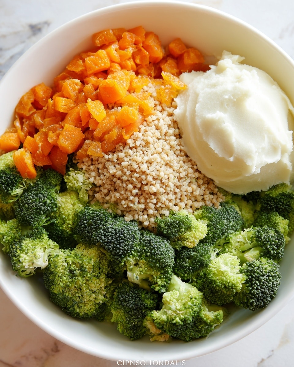 The image shows a white bowl filled with four main layers of food. The bottom layer is fresh green broccoli florets spread around the bottom edges. On top of the broccoli, there are small orange chopped pieces that look soft and slightly glossy, placed mainly on one side. Next to the orange pieces is a beige, grainy layer of cooked bulgur wheat, slightly mounded. The last layer is a large, fluffy dollop of white smooth mashed potatoes positioned on the top right. All the food sits on a white marbled surface. Photo taken with an iphone --ar 4:5 --v 7