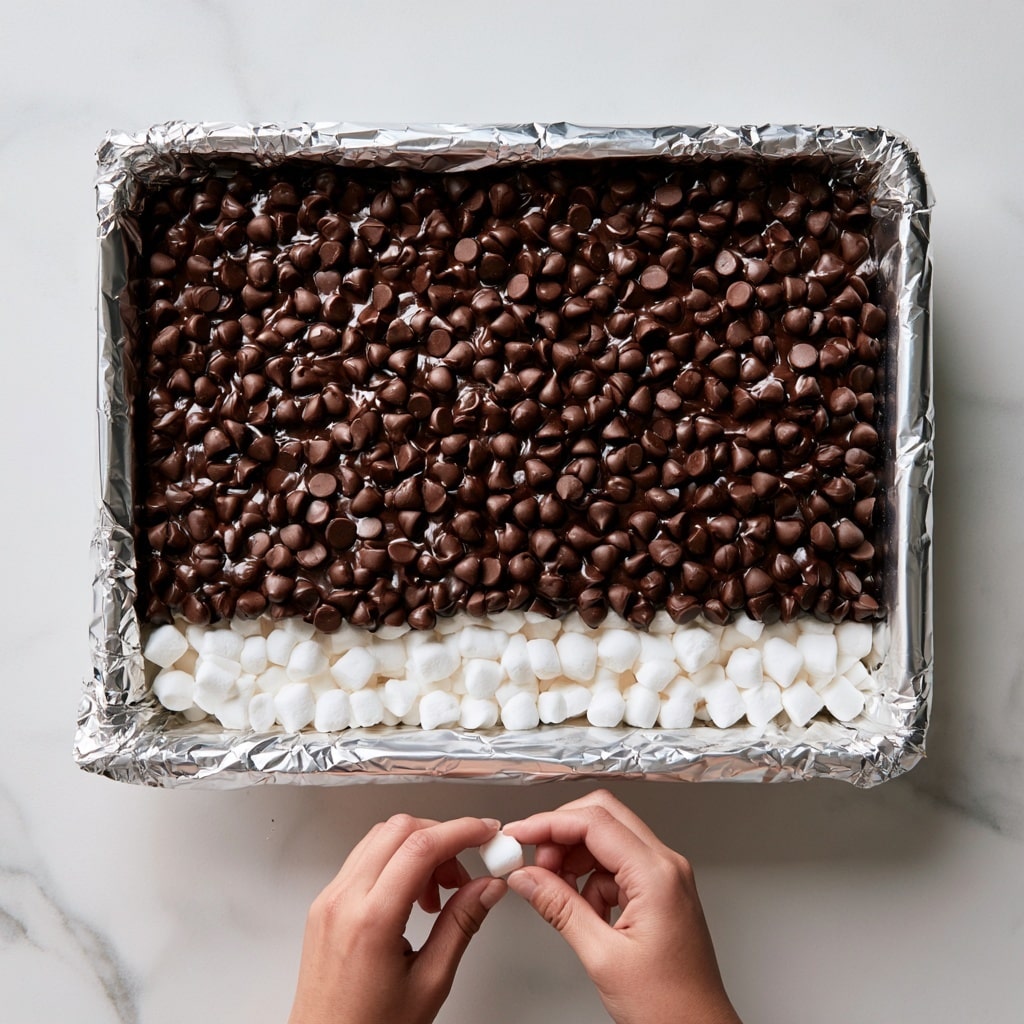 A rectangular baking pan lined with shiny silver foil sits on a white marbled surface. Inside, there are two main layers visible: a thick top layer fully covered with many dark brown chocolate chips that look smooth and slightly melted, and a bottom layer partially visible with small, white, fluffy marshmallows arranged neatly in rows. A woman's hand is seen at the bottom center, about to place or pick up a small white marshmallow, showing careful attention to the layers. Photo taken with an iphone --ar 4:5 --v 7
