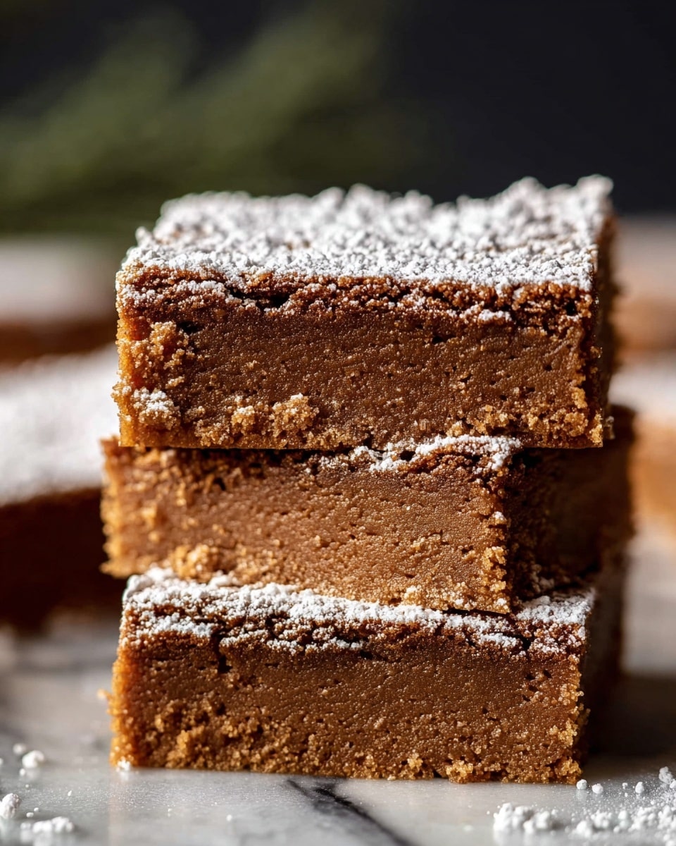 Three square-shaped brown bars are stacked one on top of the other on a white marbled surface. Each bar has a slightly crumbly texture with a soft, dense inside. The top layer of every bar is dusted with fine white powdered sugar, creating a light, snowy look. The bars have edges that are sharp and clean, showing their thickness clearly. The background is dark, making the warm brown color of the bars stand out. photo taken with an iphone --ar 4:5 --v 7