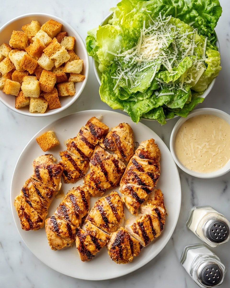The image shows a white plate filled with six golden brown grilled chicken pieces arranged in a slightly overlapping manner, each piece marked with dark grill lines. Above the plate, there is a pile of fresh green lettuce leaves with a crisp and leafy texture. To the left of the lettuce, a small white bowl is filled with golden toasted croutons, blocky and crunchy looking. Below the croutons, another white bowl contains a creamy, light beige homemade dressing with a smooth texture. Next to the dressing, a small white bowl holds finely grated light yellow parmesan cheese. To the right of the parmesan, a small white bowl holds thin light yellow Parmesan cheese shavings. In the bottom right corner, there are clear salt and pepper shakers placed on a white marbled surface. photo taken with an iphone --ar 4:5 --v 7