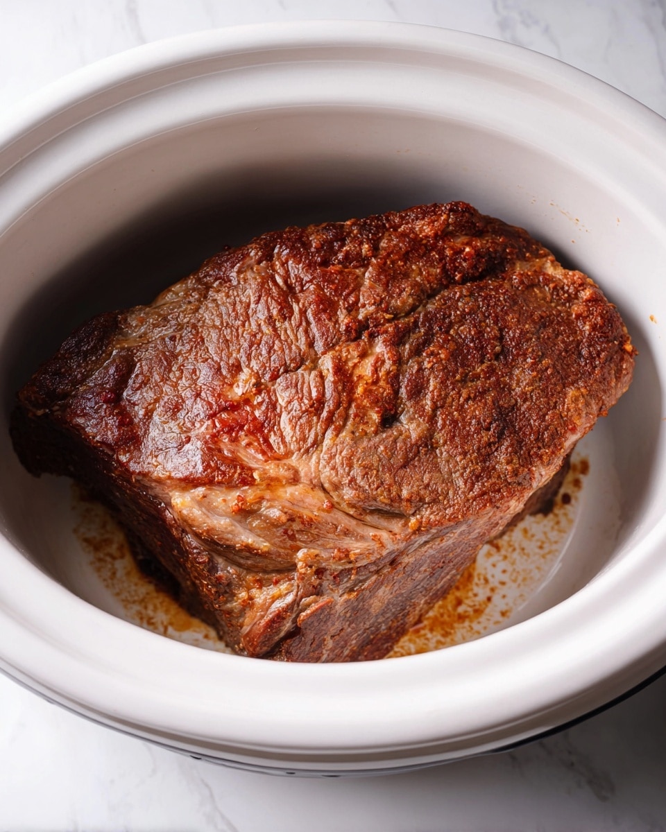 The image shows one large piece of cooked meat with a crispy brown crust and a slightly textured surface placed inside a white round slow cooker pot, which sits on a white marbled surface. The meat has shades of dark brown and lighter brown with some reddish tones, and it fills most of the pot. The pot’s inner walls are plain white and smooth. photo taken with an iphone --ar 4:5 --v 7