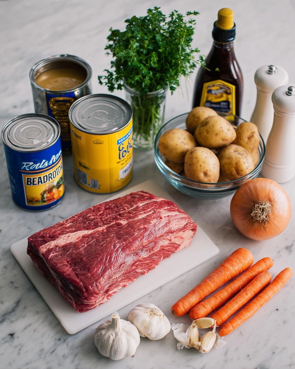 The image shows a raw piece of red marbled beef resting on a small white cutting board placed on a white marbled surface. Behind the beef, there is a collection of cooking ingredients including a bunch of fresh green herbs in a glass jar on the left, a silver can of beef broth next to a yellow container of corn starch with a blue lid, and a dark brown bottle of Worcestershire sauce with a yellow label. To the right of these, there is a clear glass bowl filled with several light brown potatoes, next to an orange onion, four bright orange carrots, and several garlic cloves scattered in front. On the far right, there is a glass bottle of olive oil with a silver spout and a white grinder with black pepper. The arrangement is neat and well-lit. photo taken with an iphone --ar 4:5 --v 7