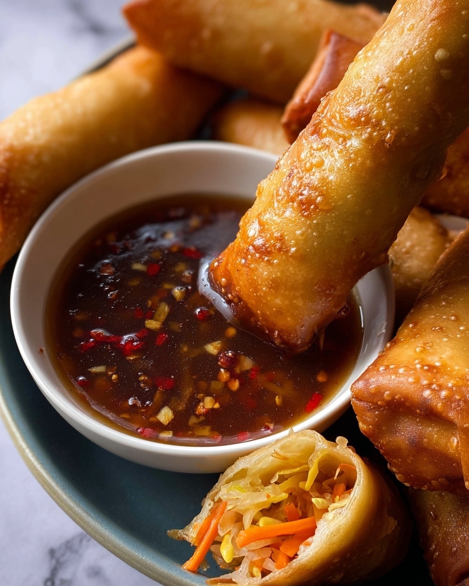 The image shows a white plate with a gold rim holding five crispy, golden brown spring rolls, one of which is broken open to reveal a light yellow and orange filling with visible shredded vegetables inside. Behind this plate, there is a small dark blue bowl filled with brown dipping sauce. In the background, there is another white plate with several more spring rolls stacked, and a pair of wooden chopsticks resting on its side. The setting is on a white marbled surface with some green blurred leaves in the distant background. Photo taken with an iphone --ar 4:5 --v 7