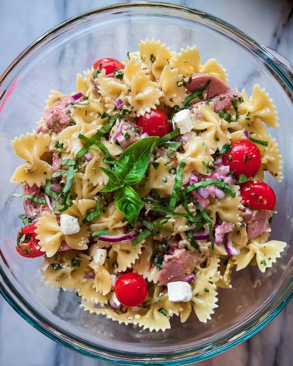 A clear glass bowl filled with a pasta salad made of light yellow farfalle pasta as the base layer, mixed with light pink slices of meat, bright red halved cherry tomatoes, small cubes of white cheese, and finely chopped purple onions. Fresh green basil leaves are sliced thinly and sprinkled on top, adding a touch of vivid green contrast. The ingredients are well blended, showing a fresh, colorful mix against the transparent bowl, which sits on a white marbled surface. Photo taken with an iphone --ar 4:5 --v 7