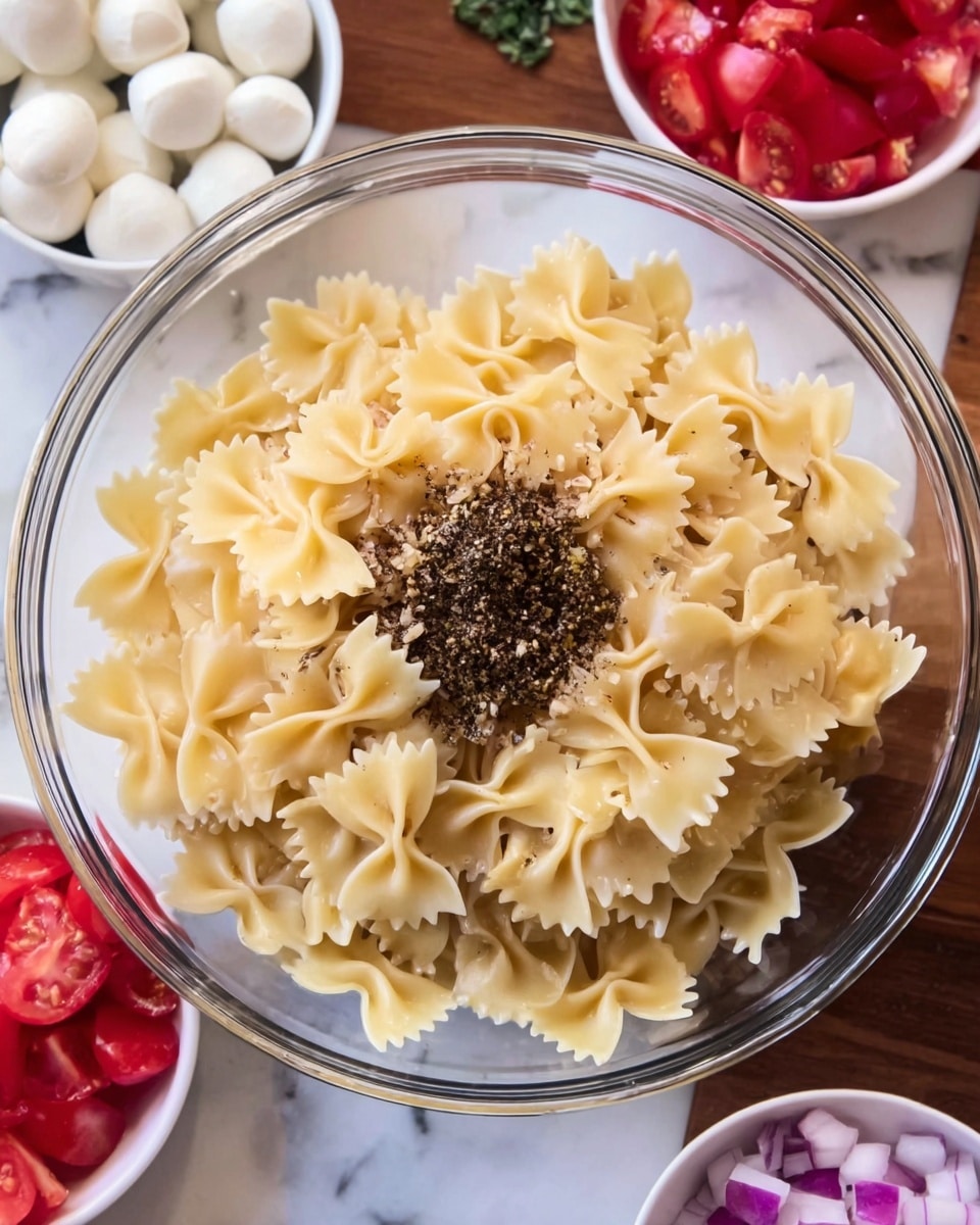 A clear glass bowl is shown from above with a layer of cooked farfalle pasta in a pale yellow color filling most of the bowl. In the center, there is a small pile of dark crumbly seasoning or spice mix. Around the bowl, on a white marbled surface, are small white bowls with chopped red tomatoes, whole small white mozzarella balls, and finely diced purple onions. The overall setting is bright and clean with natural light, photo taken with an iphone --ar 4:5 --v 7