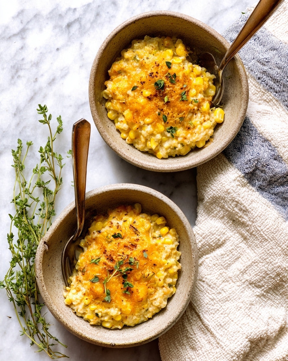 Two bowls of creamy corn casserole sit on a white marbled surface. Each bowl is filled with three layers: a soft base of pale yellow creamy corn mixed with bits of whole corn kernels, a golden-brown baked cheesy topping with a slightly crispy texture, and small green herb leaves sprinkled on top for freshness. The bowls are medium-sized with a rough, speckled light brown exterior and matte finish. Two silver spoons with wooden handles rest inside each bowl. To the left, fresh green herb sprigs lay on the white marbled surface, and a cream-colored textured cloth with blue stripes is positioned on the right side. photo taken with an iphone --ar 4:5 --v 7