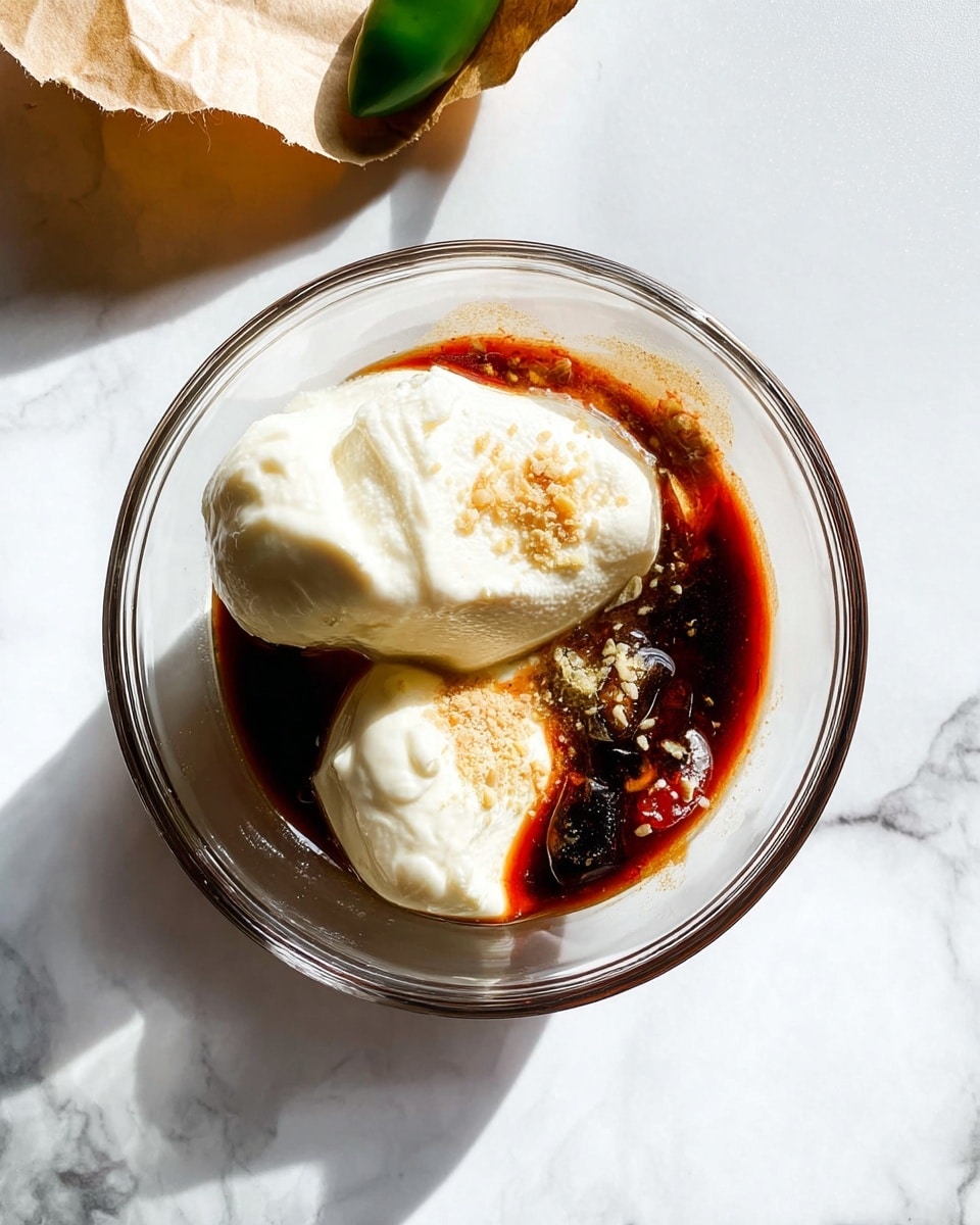 A clear glass bowl sits on a white marbled surface, filled with three main layers. The bottom layer is a dark reddish-brown liquid that looks smooth and glossy. On top of this, two large dollops of thick, creamy white substance rest side by side, one on the left and one on the right. Scattered lightly over the liquids and cream are small, fine grains that appear beige to light brown, adding texture contrast. The lighting casts soft shadows, and a corner of crumpled brown paper with a green chili pepper lies partially visible in the top left background. Photo taken with an iphone --ar 4:5 --v 7