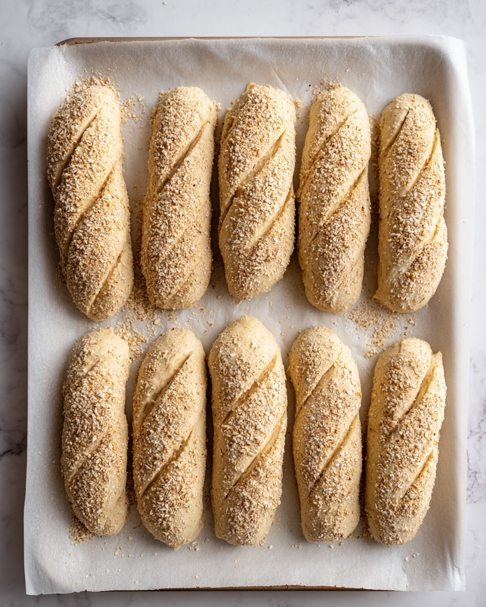 The image shows six long bread dough pieces on white baking paper, placed on a tray. Five pieces stand in a row at the top, while one lies below them. Each dough piece is light beige in color, covered with a layer of oats or seeds on top giving a rough texture. In the second frame, the dough pieces have shallow diagonal cuts on the top surface, with some seeds slightly pressed into these lines. The background is a white marbled texture. photo taken with an iphone --ar 4:5 --v 7
