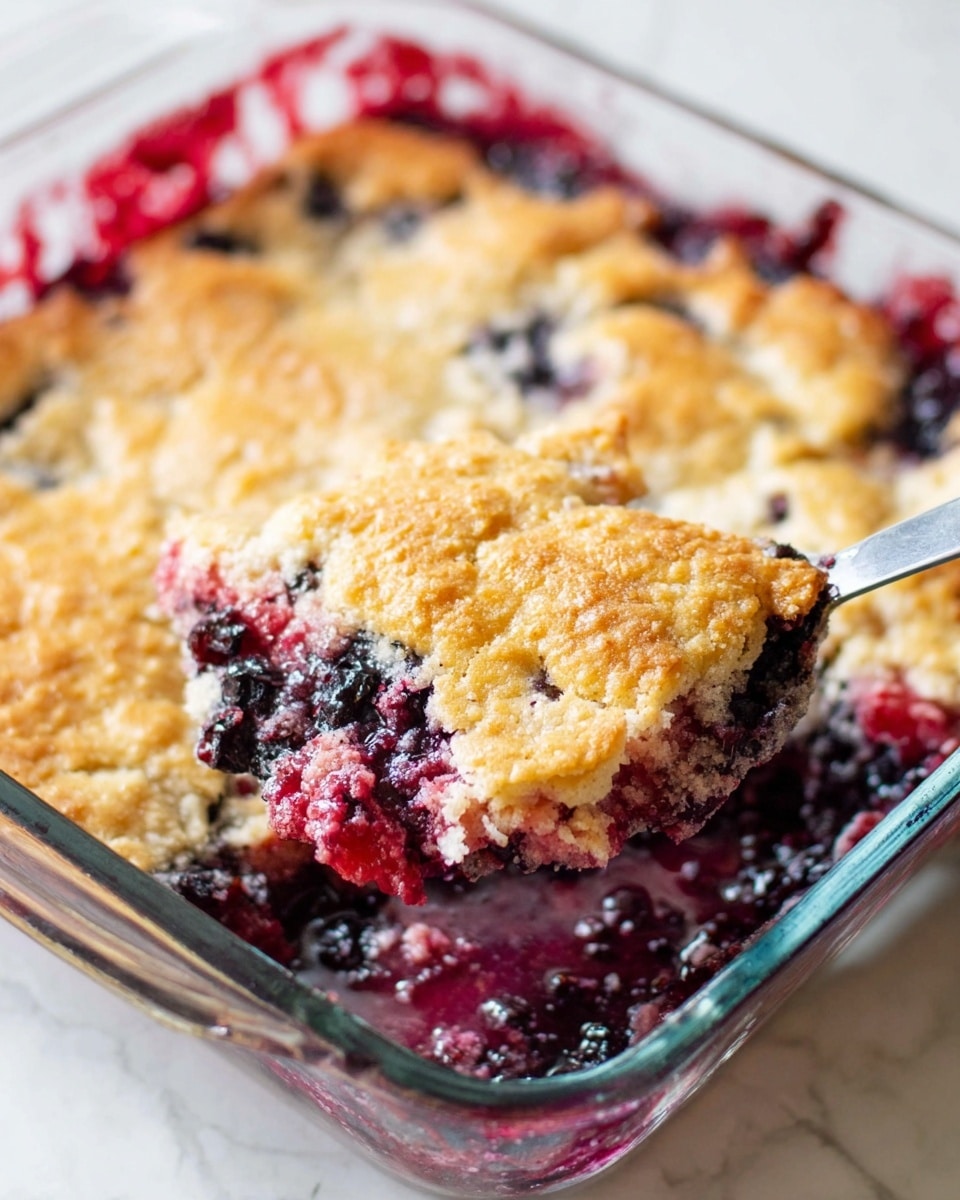 A close-up view of a baked berry cobbler in a clear glass dish set on a white marbled surface. The cobbler has one main layer of mixed berries in dark purple and red shades, bubbling slightly around the edges, topped with a thick golden-brown crust that is uneven and textured, with small cracks showing bits of berries underneath. A metal spatula is lifting a thick piece of the cobbler from the corner of the dish, revealing the juicy berry filling beneath the crust. Photo taken with an iphone --ar 4:5 --v 7