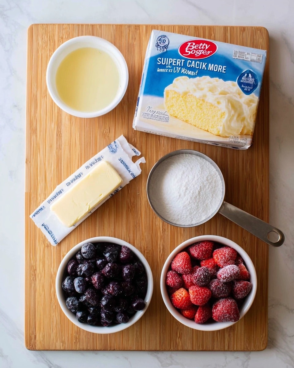 A wooden board holds ingredients for a dessert, placed on a white marbled surface. On the left, a small white bowl contains a pale yellow liquid. Below it, a rectangular stick of unsalted butter is wrapped in white paper with blue text. To the right, a metal measuring cup filled with white granulated sugar rests on the board. Above it, a box of Betty Crocker Super Moist white cake mix sits, showing a slice of yellowish-white cake with white frosting on the front. To the right of the box, two white bowls are filled with frozen berries—dark purple blueberries in the top bowl and red strawberries in the bottom bowl with a frosty texture. photo taken with an iphone --ar 4:5 --v 7