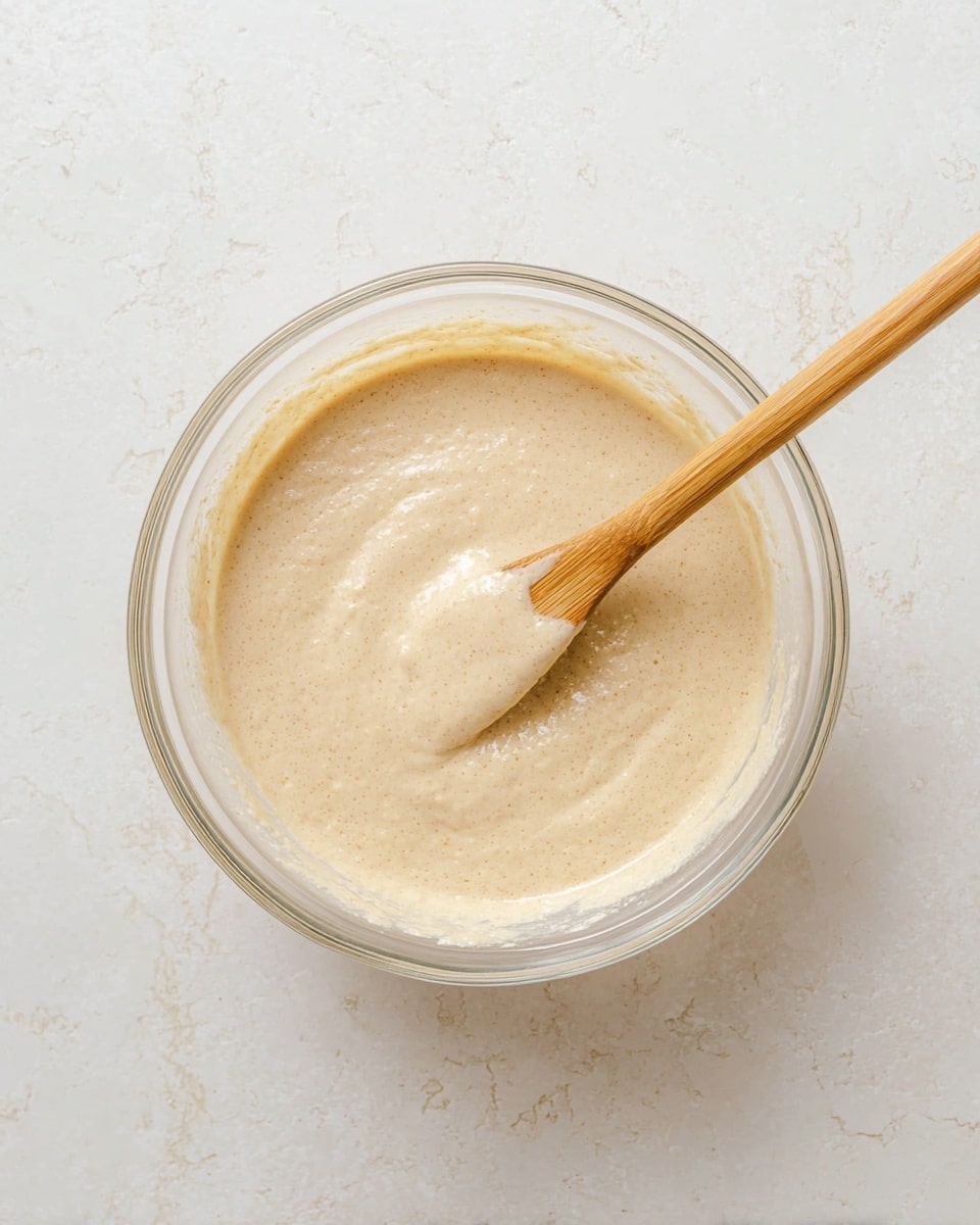 A clear glass bowl filled with a smooth, light beige batter that has a slightly bubbly texture on the surface. A plain wooden spatula rests inside the batter, partially covered and angled from the right side toward the center, with some batter clinging to its flat end. The bowl sits on a white marbled textured surface. photo taken with an iphone --ar 4:5 --v 7