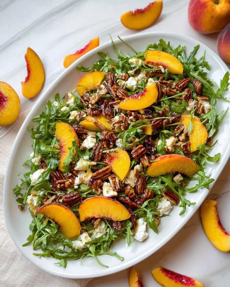 Grilled Peach Burrata Salad with Toasted Pecans and Balsamic Honey Drizzle Recipe