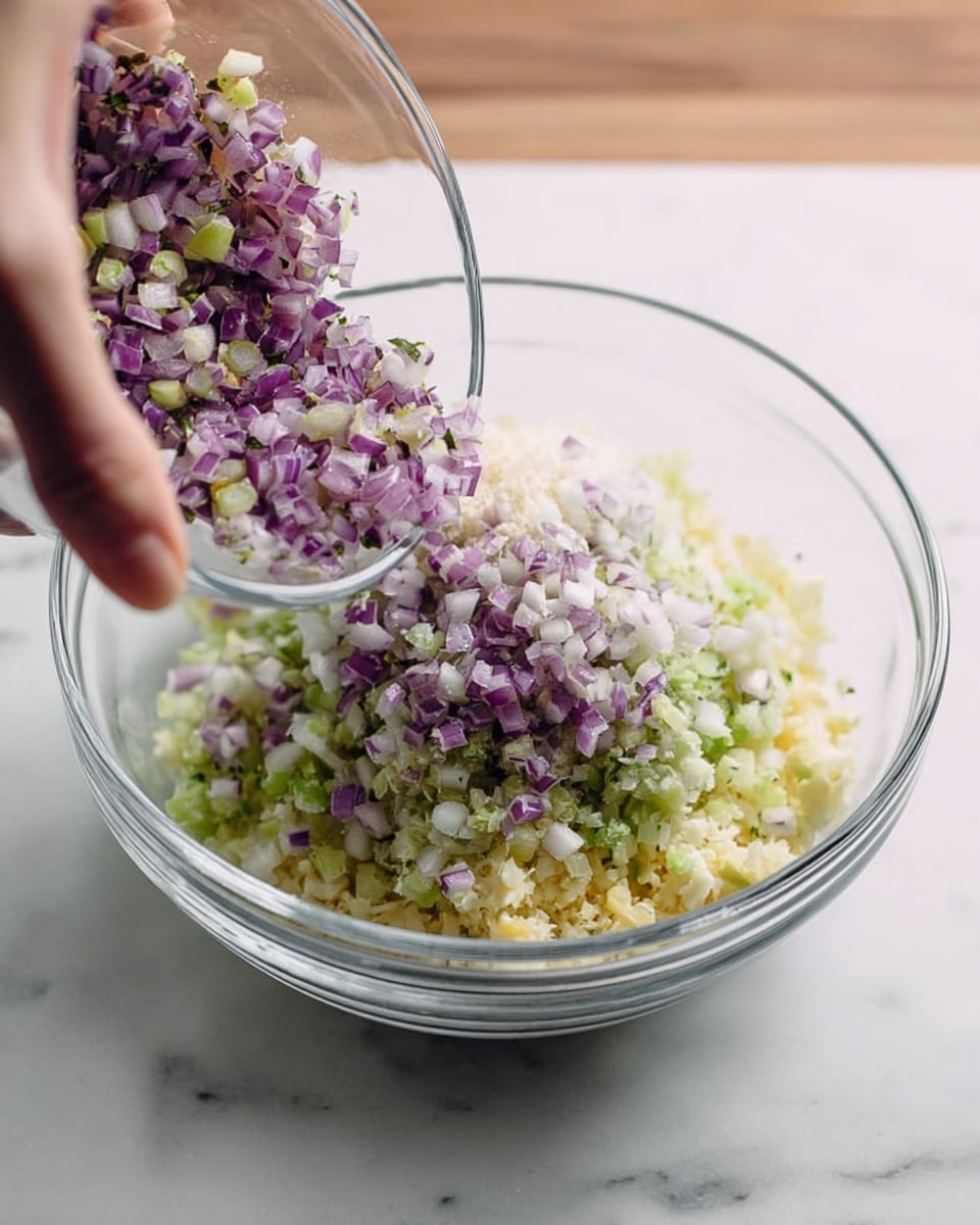 The image shows a clear glass bowl filled with finely chopped ingredients in three distinct layers: a bottom layer of pale yellow, middle layers of light green and white, and top layers of finely diced purple onions with some white bits mixed in. Another smaller clear bowl is pouring more of the purple onion and white mixture into the larger bowl. A woman's hand is holding the smaller bowl, and the bowl with the mixture is placed on a white marbled surface. photo taken with an iphone --ar 4:5 --v 7