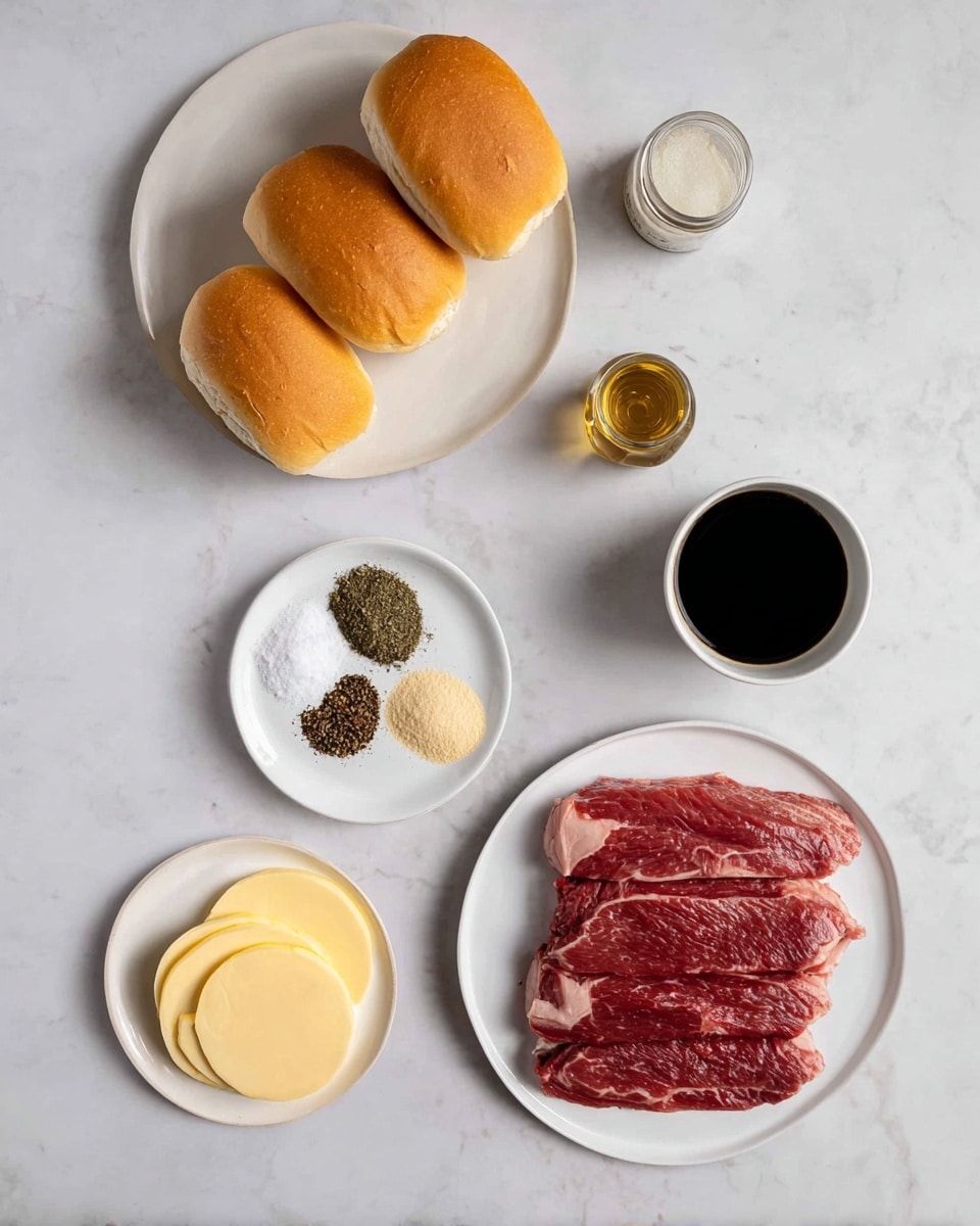 The image shows ingredients for a sandwich arranged on a white marbled surface. At the top center, three soft sandwich rolls with a light brown crust rest on a round white plate. Below and slightly to the left, a small white bowl holds five different spices arranged in small piles, including a green herb, salt, black pepper, and two light tan powders. To the right of this bowl, a jar and a small cup containing a dark liquid are placed. Below the spices bowl on the left, a small white plate contains several circular slices of pale yellow cheese stacked neatly. On the bottom right, a larger white plate holds several pieces of raw red meat with visible marbling and cuts. The overall setup is clean and bright. Photo taken with an iphone --ar 4:5 --v 7
