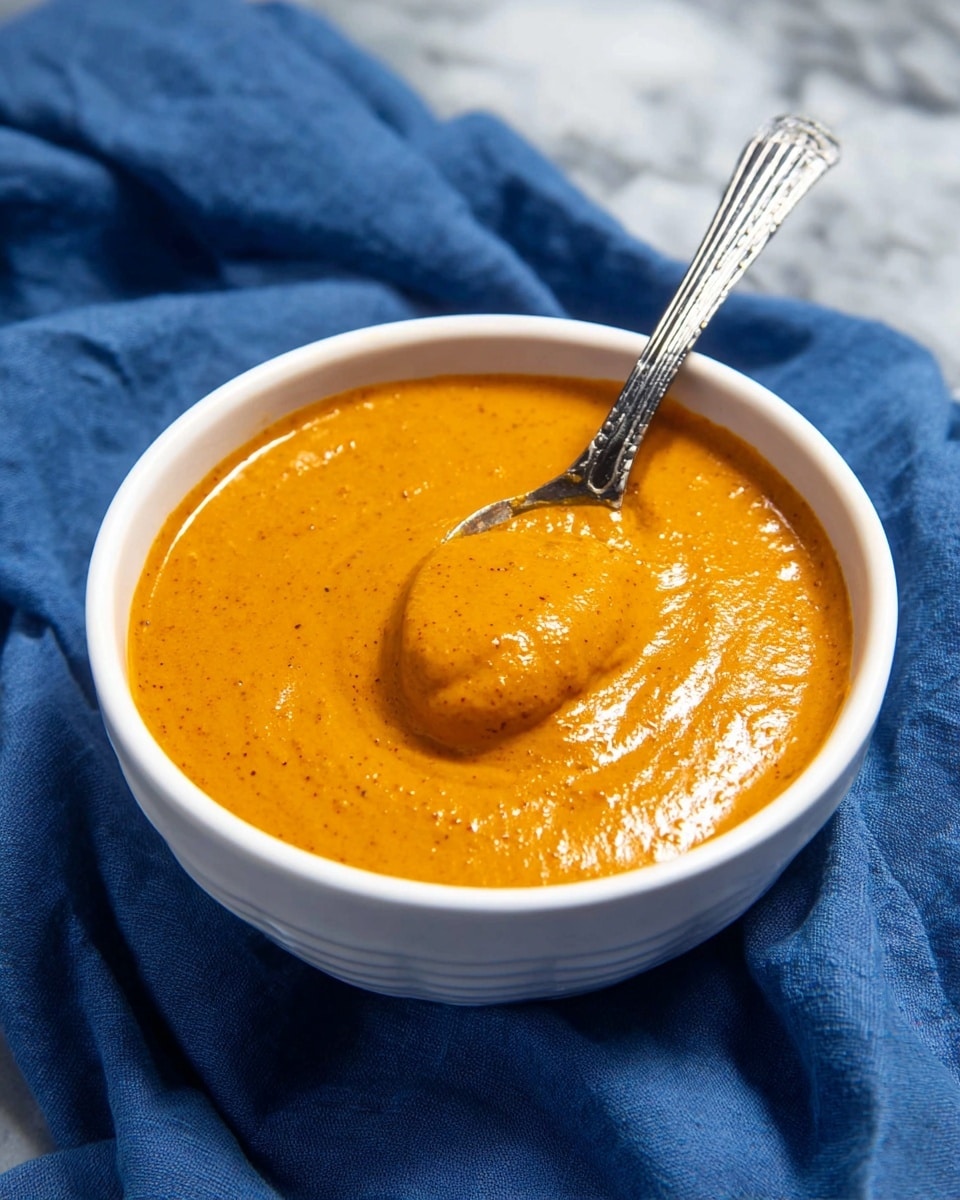 A white bowl filled with a thick, smooth orange sauce with a slightly shiny texture and small specks visible throughout. A metal spoon with a long, hammered handle is dipped into the sauce, lifting a rounded portion above the surface, showing the sauce’s creamy and rich consistency. The bowl is placed on a blue cloth with soft folds, resting on a white marbled surface. The overall look is warm and inviting, focused on the vibrant orange sauce in the white bowl photo taken with an iphone --ar 4:5 --v 7