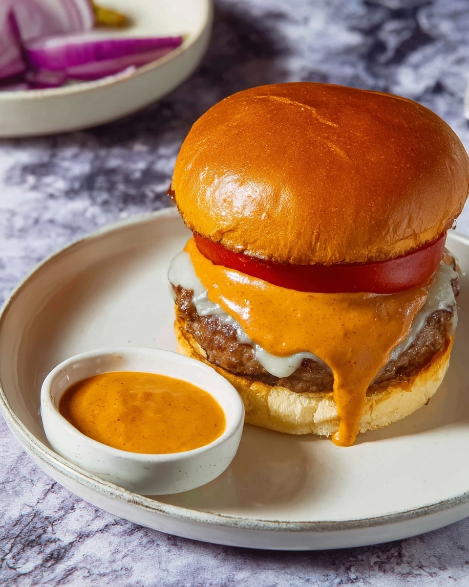 A single burger sits on a white plate, featuring five layers: a shiny, golden brown top bun; a thick red slice of tomato; a generous spread of orange sauce with a creamy texture; a layer of melted white cheese dripping slightly over a grilled brown beef patty; and a soft light yellow bottom bun. Next to the plate is a small white bowl filled with the same smooth orange sauce. The setting is on a white marbled texture surface with a blurred white dish holding purple onion slices visible on the side. photo taken with an iphone --ar 4:5 --v 7