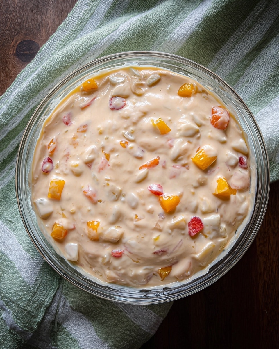 A clear glass bowl filled with a creamy mixture containing small chunks of yellow, orange, red, and white fruits spread evenly throughout a smooth, pale beige base; the bowl rests on a soft green and white striped cloth, all placed on a dark wooden surface replaced with a white marbled texture. photo taken with an iphone --ar 4:5 --v 7
