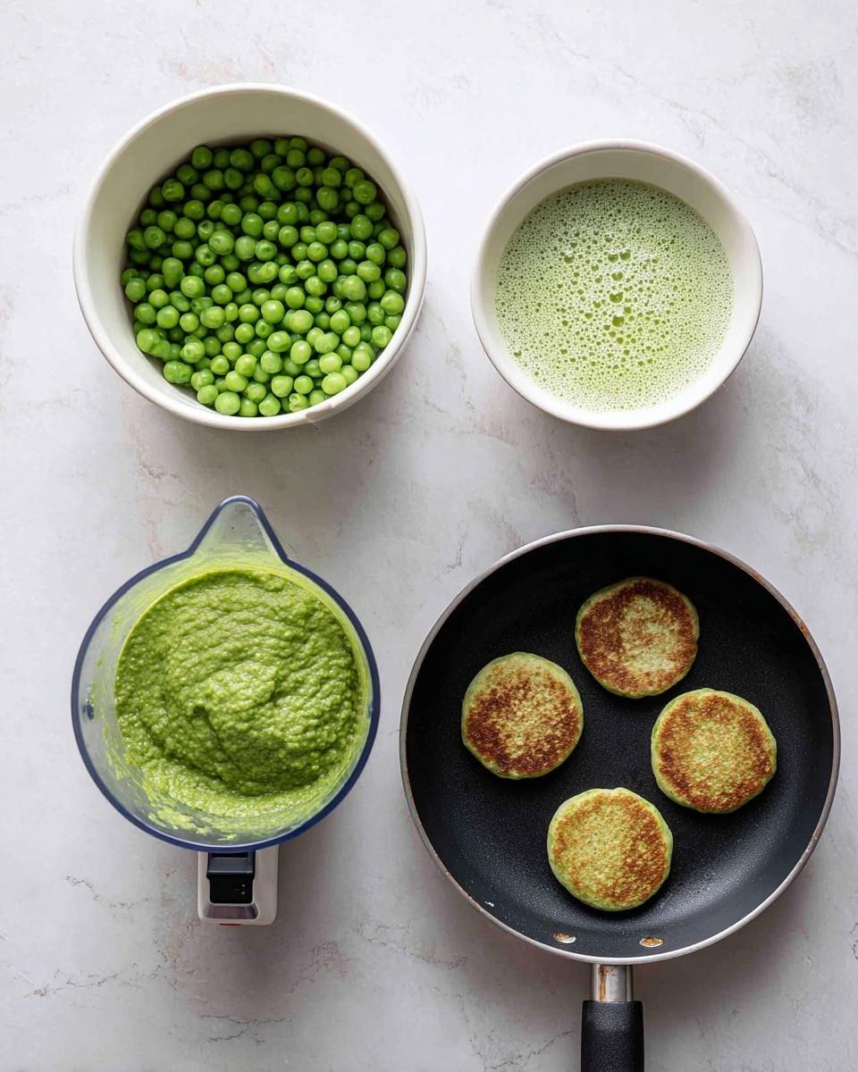 The image shows four steps of making green pea pancakes. In the first step, a white pot is filled with many bright green peas. In the second step, a food processor bowl contains a light green, frothy mixture made from the peas. In the third step, a white bowl holds a thicker green batter with a lumpy texture. In the last step, a black frying pan on a white marbled surface contains four round green pancakes, two of them golden brown on one side and two still uncooked. Photo taken with an iphone --ar 4:5 --v 7