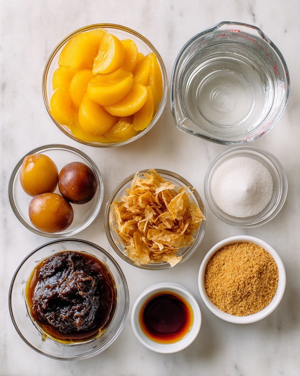 The image shows eight small glass and white bowls arranged on a white marbled surface. The top left bowl contains bright yellow canned peach slices with a smooth, shiny texture. Next to it on the top right is a clear glass measuring cup filled with water. Below the peaches is a small glass bowl with three brown plums soaked in brine, appearing soft and round. To the right of the plums is a bowl of golden brown fried shallots with a crispy, flaky look. Below the plums is a glass bowl holding dark brown fermented soy bean paste with a thick, chunky texture. Next to it is a tamarind concentrate in a small glass bowl, displaying a sticky and smooth brown paste. On the bottom right, there are two small white bowls—one filled with fine, light brown coconut sugar and the other with white sugar that looks granular and bright. Photo taken with an iphone --ar 4:5 --v 7