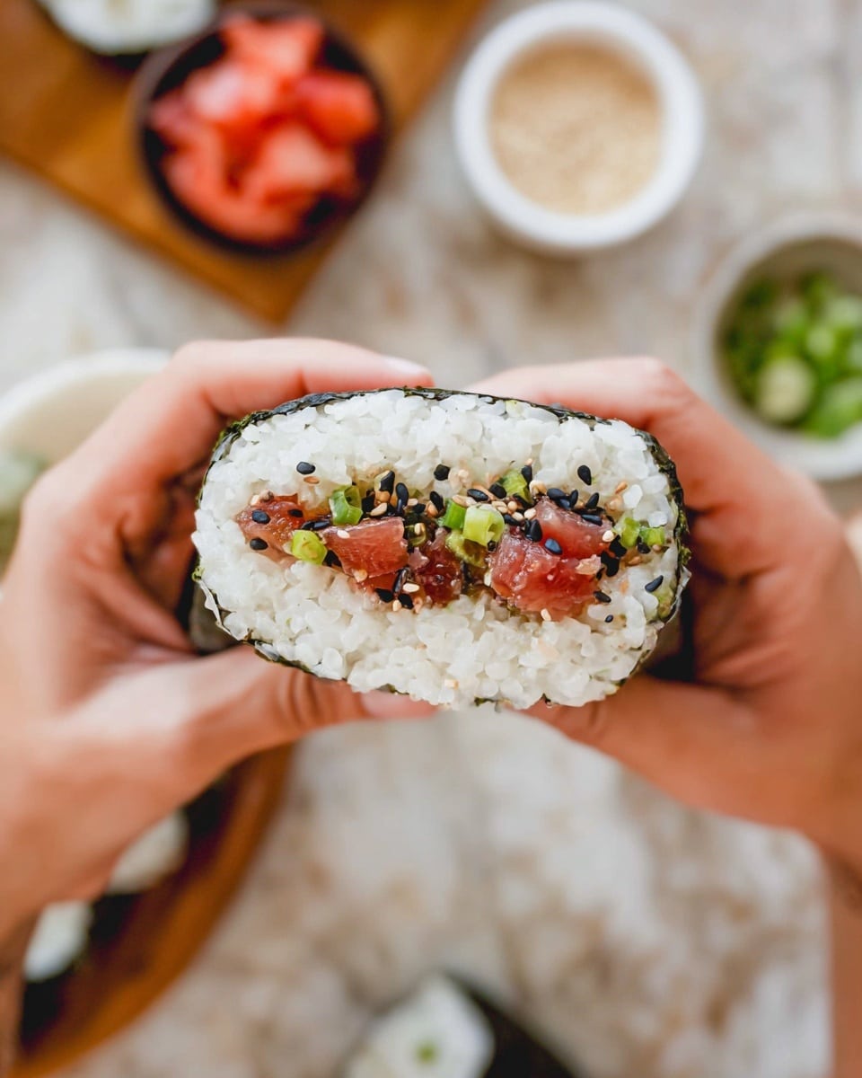 A close-up view of a sushi rice ball held by a woman's hand from both sides. The sushi roll has three main layers: the outer dark green seaweed layer wrapped around, a thick middle layer of white sticky rice coated lightly with black and white sesame seeds on the edges, and the inner filling of red cubed pieces mixed with small green onion slices. In the background, there are slight blurred white bowls containing additional red cubes with green onions and another bowl with sesame seeds on a soft white marbled surface. photo taken with an iphone --ar 4:5 --v 7