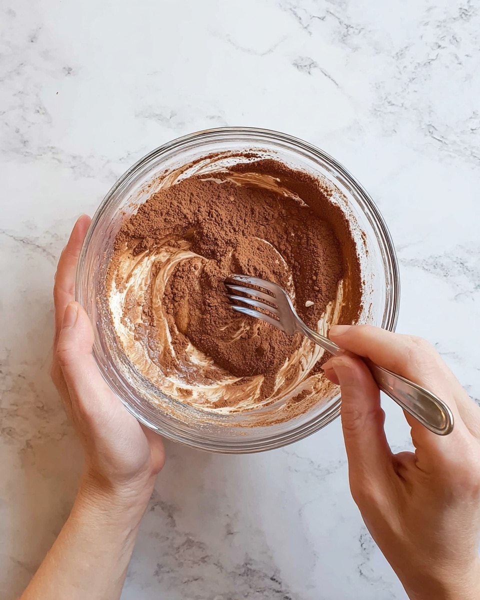 A clear glass bowl held by woman's left hand contains dry cocoa powder in a rich brown color on top of some lighter wet ingredients partially mixed, creating a swirling pattern with different shades of brown. Woman's right hand is using a silver fork to mix the contents inside the bowl. The bowl is placed on a white marbled surface with soft gray veins. Photo taken with an iphone --ar 4:5 --v 7