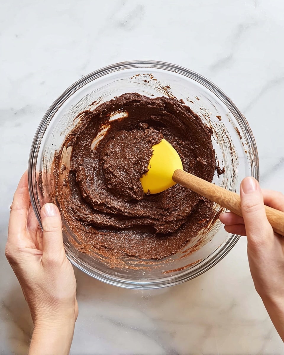 A clear glass bowl sits on a white marbled surface, filled with thick dark brown chocolate batter with a smooth yet slightly grainy texture. The batter is spread mostly at the center with some remnants stuck on the sides of the bowl. Two woman's hands hold the bowl from left and right sides, and a yellow silicone spatula with a wooden handle scoops the batter on the right side. The image shows the batter as one layer in the bowl. photo taken with an iphone --ar 4:5 --v 7