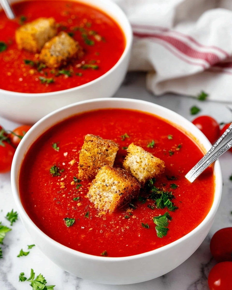 Two white bowls filled with rich red tomato soup are placed on a white marbled surface. Each bowl has three light brown toasted bread cubes with a sprinkle of black pepper sitting on top in the center, accompanied by fresh green parsley leaves. Small pieces of chopped green herbs are scattered over the soup, adding texture and contrast to the smooth red surface. There are silver spoons resting inside each bowl, angled outward. Around the bowls, there are small clusters of fresh cherry tomatoes in red, green, and yellow hues, with green stems attached, along with a few light brown croutons scattered on the white marbled background. A white cloth with red stripes is partially visible beside the bowls. photo taken with an iphone --ar 4:5 --v 7